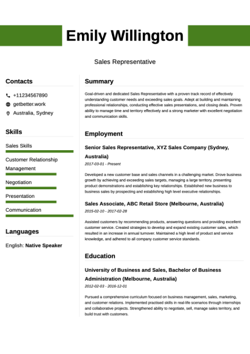 Sales Representative Resume Template - ATS Optimized AI Builder